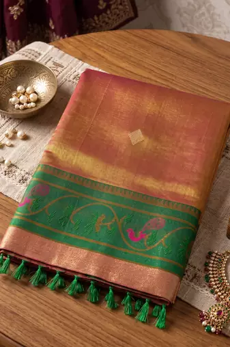 rose pink tissue saree for women festive wedding party ethnic wear