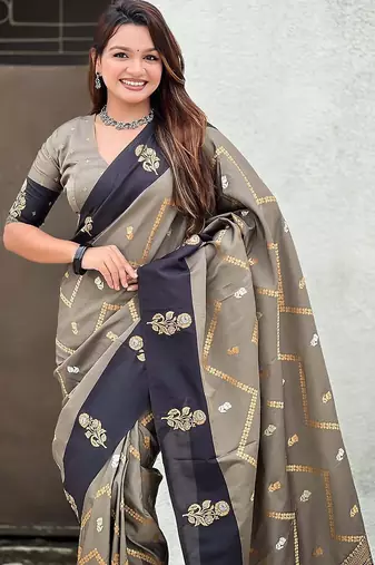 Grey woven design zari silk blend banarasi saree