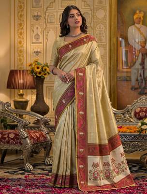 cream tissue saree for women festive wedding party ethnic wear 1