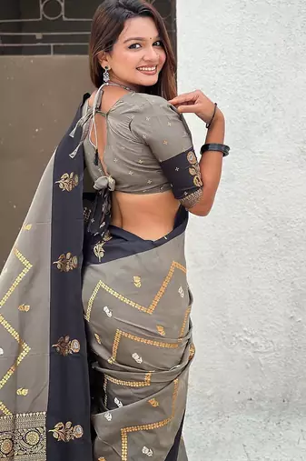 Grey woven design zari silk blend banarasi saree