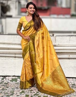 Yellow woven design zari silk blend banarasi saree 1