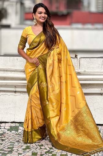 Yellow woven design zari silk blend banarasi saree