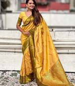 Yellow woven design zari silk blend banarasi saree