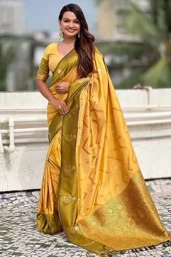 Yellow woven design zari silk blend banarasi saree
