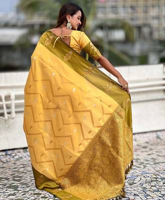Yellow woven design zari silk blend banarasi saree 3