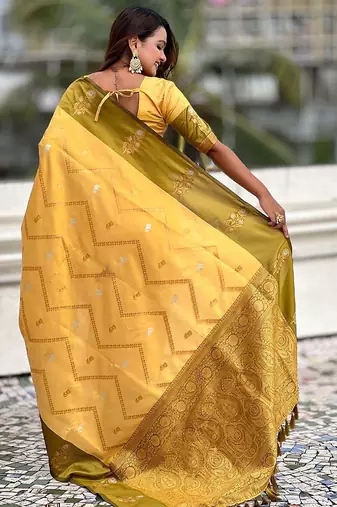 Yellow woven design zari silk blend banarasi saree