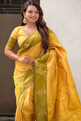Yellow woven design zari silk blend banarasi saree