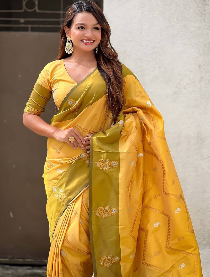 Yellow woven design zari silk blend banarasi saree