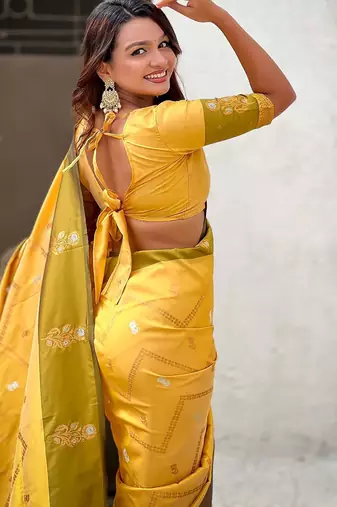 Yellow woven design zari silk blend banarasi saree