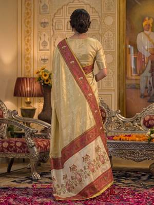 cream tissue saree for women festive wedding party ethnic wear 3