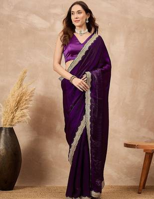 Purple women solid embellished satin saree 1