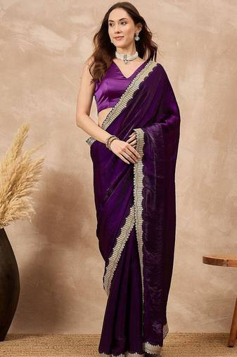 Purple women solid embellished satin saree