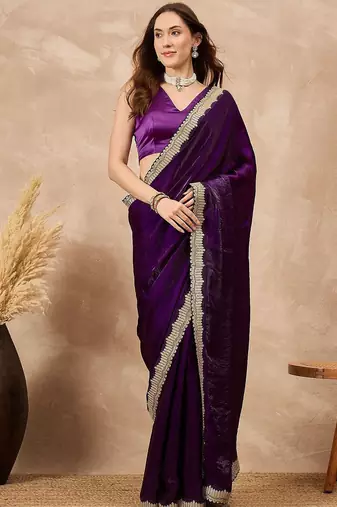Purple women solid embellished satin saree