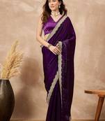 Purple women solid embellished satin saree