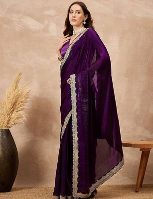 Purple women solid embellished satin saree 2