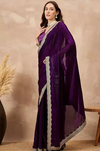 Purple women solid embellished satin saree