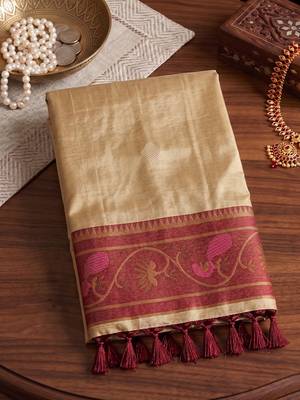 cream tissue saree for women festive wedding party ethnic wear 4