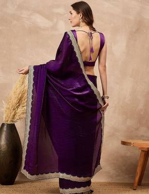Purple women solid embellished satin saree 3