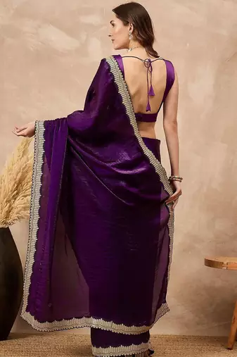 Purple women solid embellished satin saree