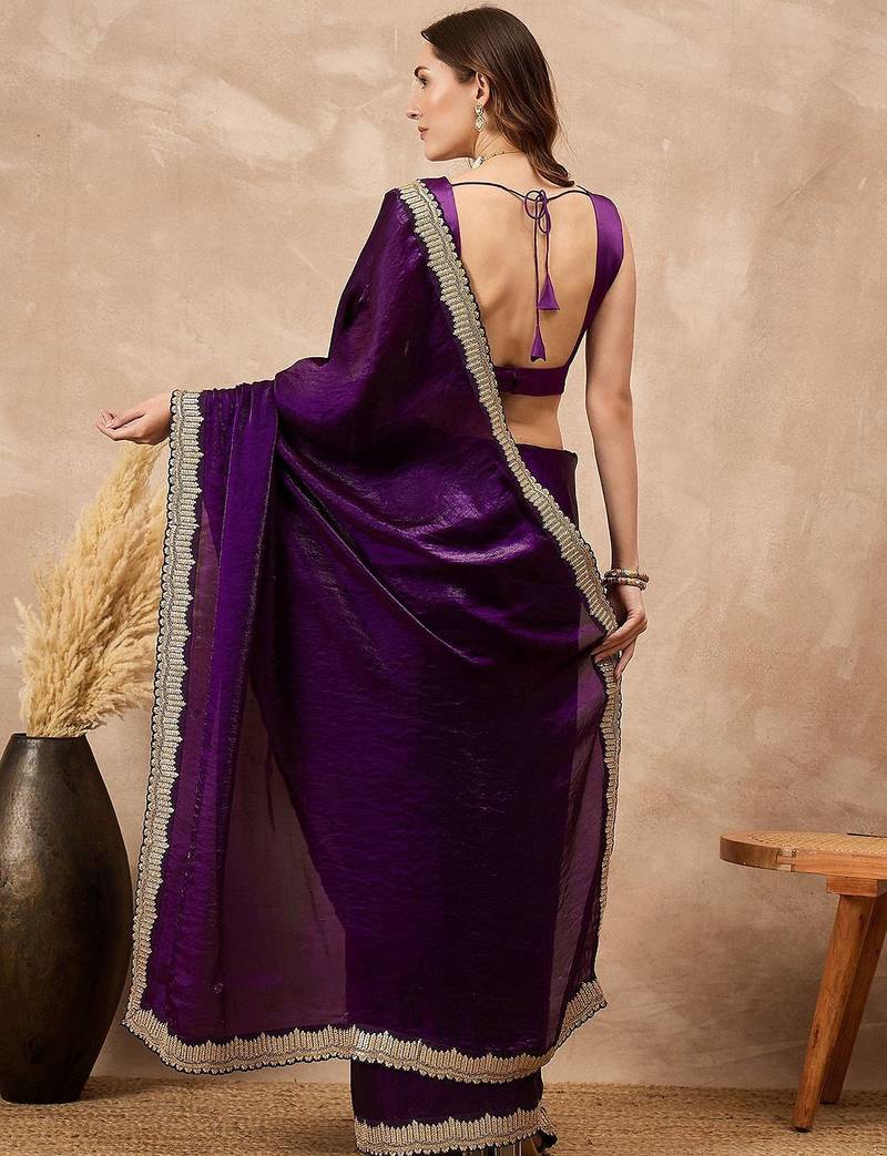 Purple women solid embellished satin saree