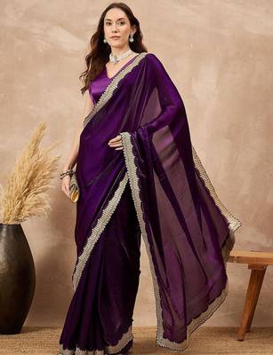 Purple women solid embellished satin saree 4
