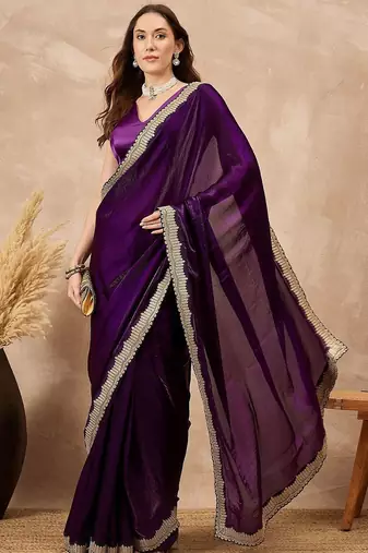 Purple women solid embellished satin saree