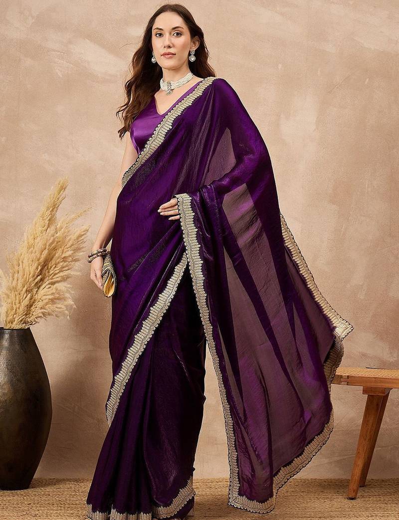Purple women solid embellished satin saree