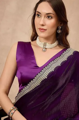 Purple women solid embellished satin saree