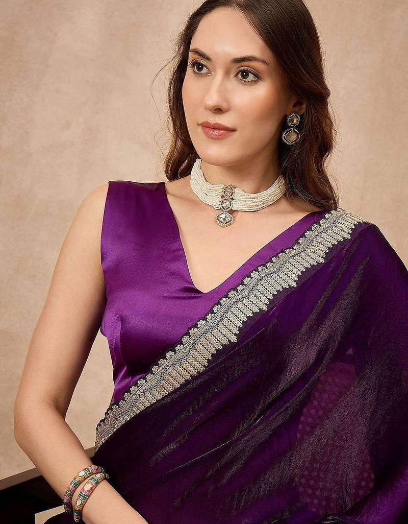 Purple women solid embellished satin saree