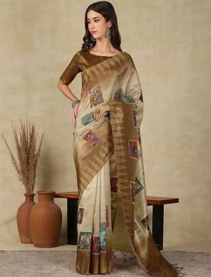 Beige women ethnic motifs  kasavu saree 1