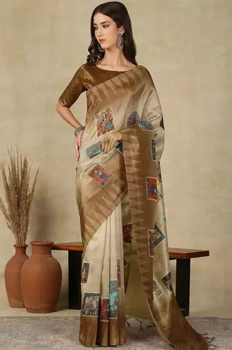 Beige women ethnic motifs  kasavu saree