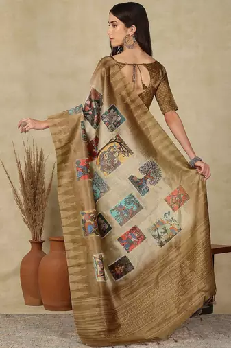 Beige women ethnic motifs  kasavu saree