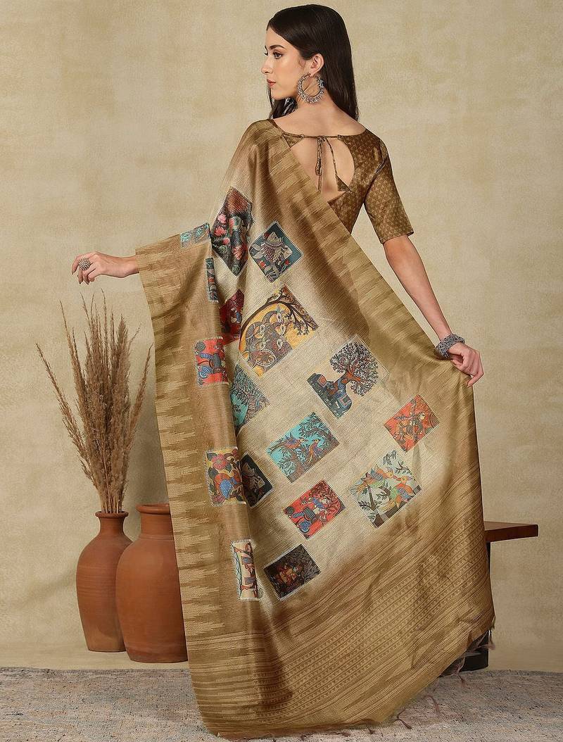 Beige women ethnic motifs  kasavu saree