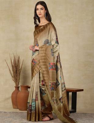 Beige women ethnic motifs  kasavu saree 3