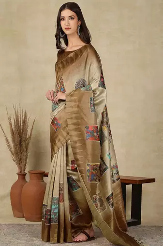 Beige women ethnic motifs  kasavu saree