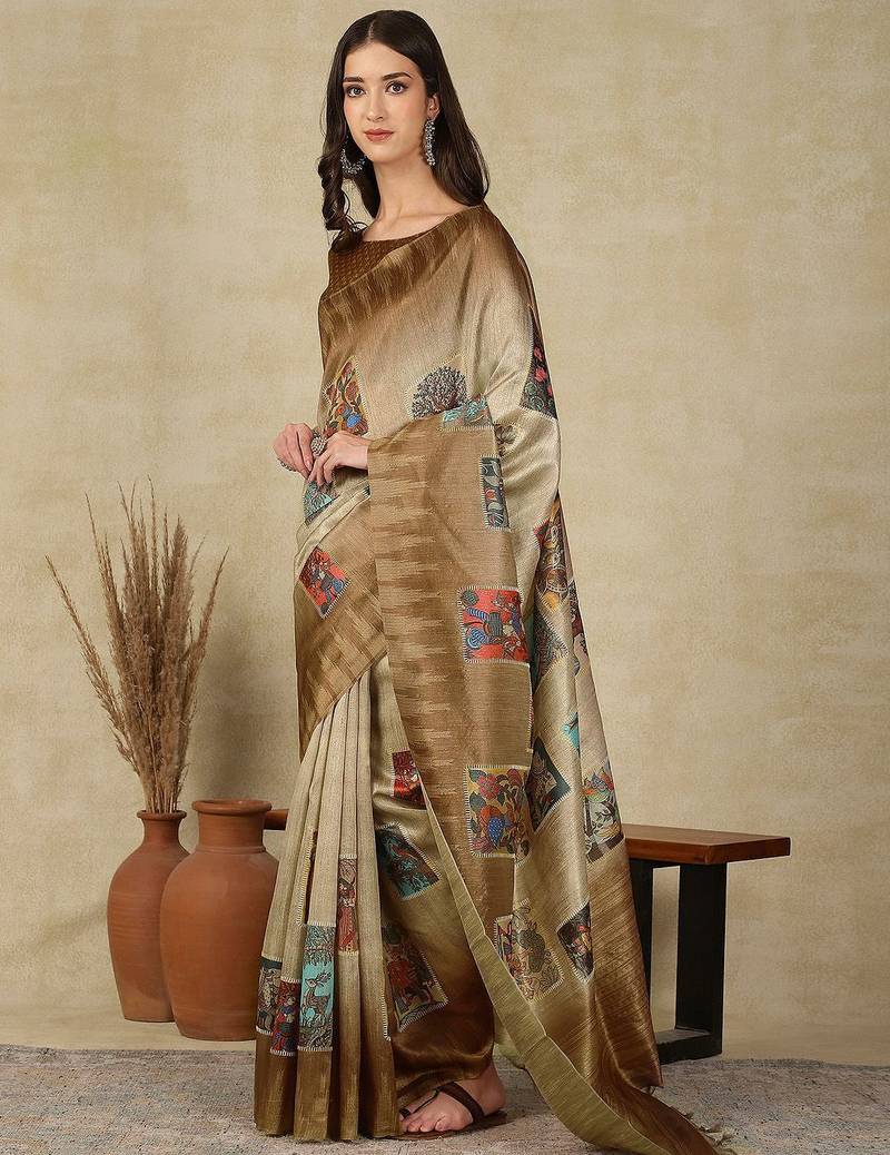 Beige women ethnic motifs  kasavu saree