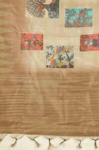 Beige women ethnic motifs  kasavu saree