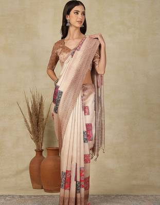 Beige woven design daily wear saree with matching blouse 1
