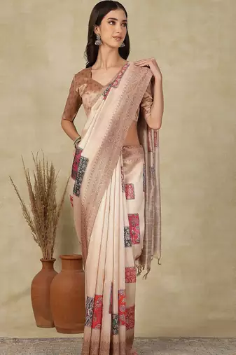 Beige woven design daily wear saree with matching blouse