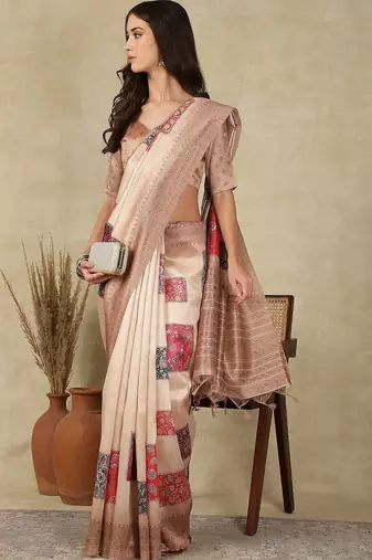 Beige woven design daily wear saree with matching blouse