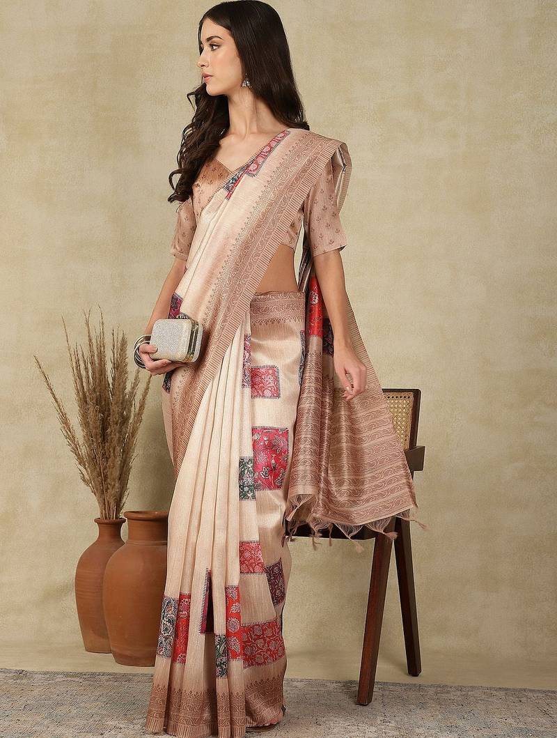 Beige woven design daily wear saree with matching blouse
