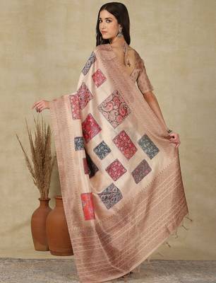 Beige woven design daily wear saree with matching blouse 3