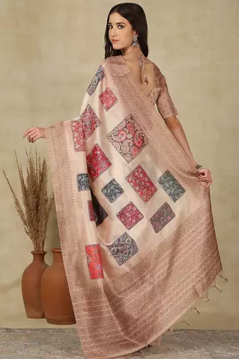 Beige woven design daily wear saree with matching blouse