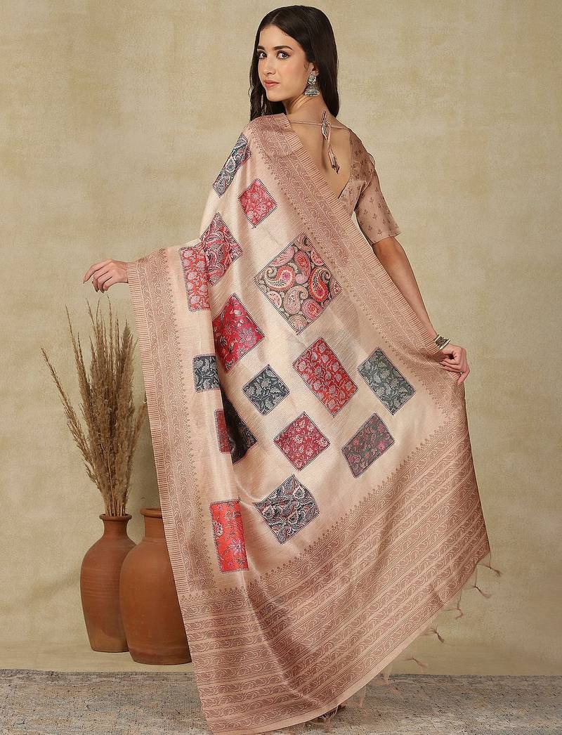 Beige woven design daily wear saree with matching blouse