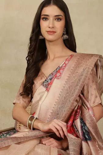 Beige woven design daily wear saree with matching blouse