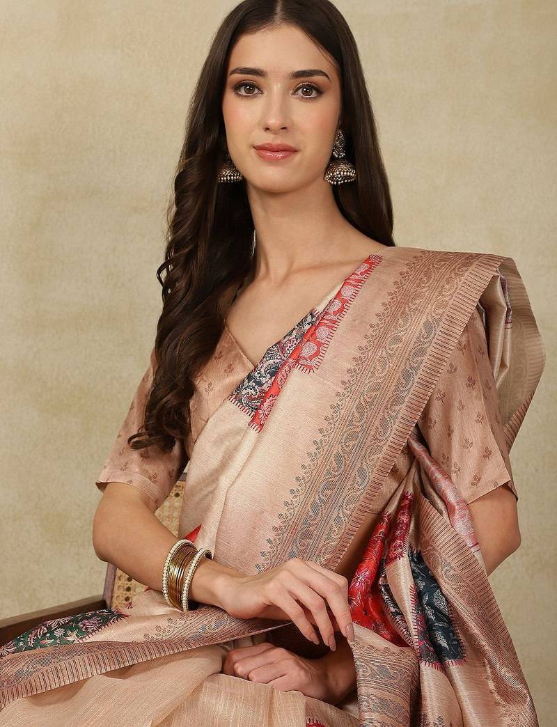 Beige woven design daily wear saree with matching blouse