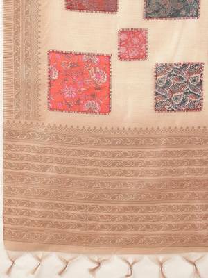 Beige woven design daily wear saree with matching blouse 5