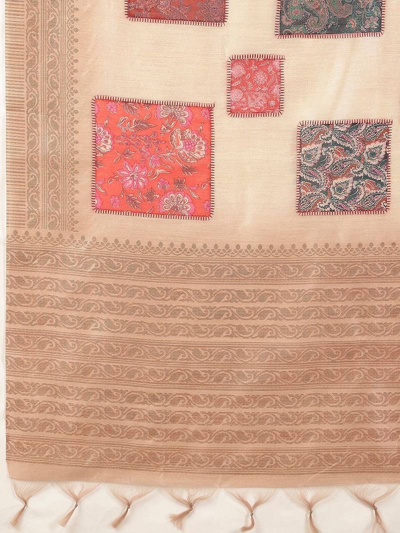 Beige woven design daily wear saree with matching blouse