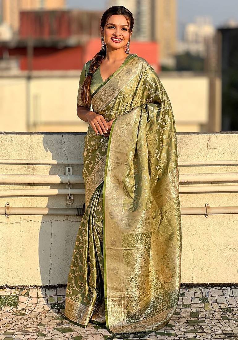 Green woven design zari satin banarasi saree