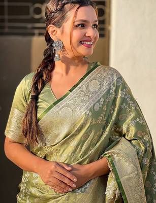 Green woven design zari satin banarasi saree 2